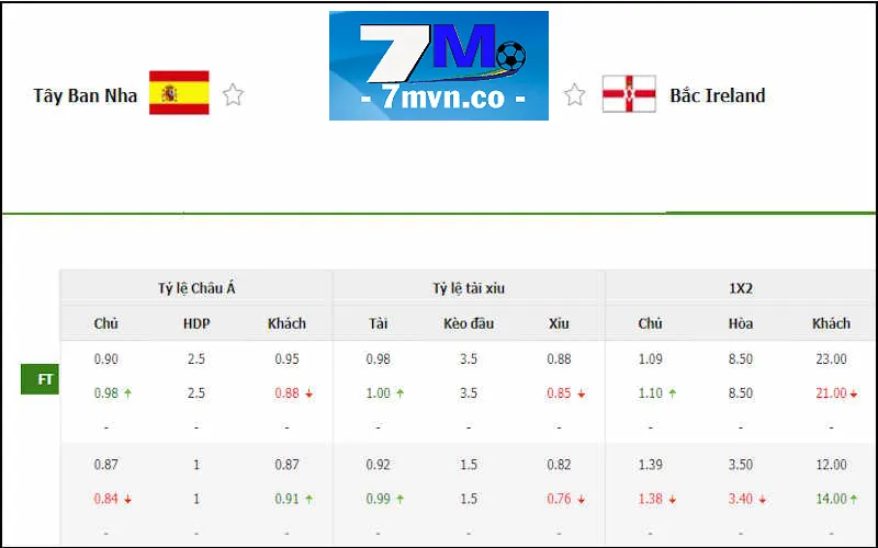 Bảng cược soi kèo Tây Ban Nha vs Bắc Ireland 09/6